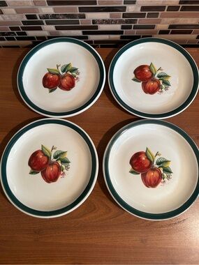 White Ceramic Luncheon Plates with Red Apple Motif and Green Rim - Set of 4
